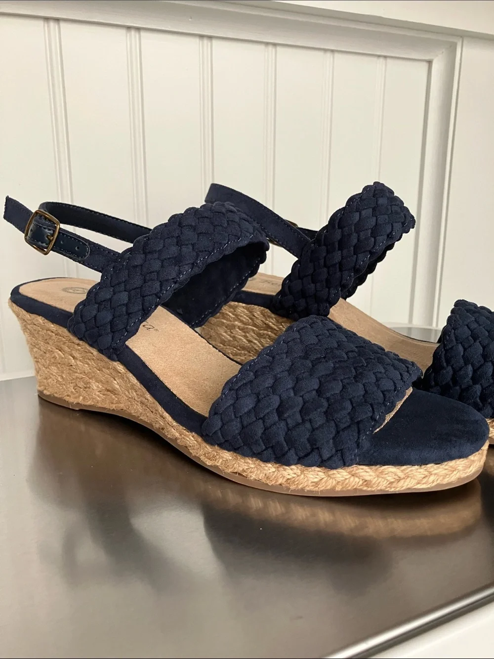 Bella Vita Mariella Navy Woven Espadrille Wedge Slingback Sandals 7.5M